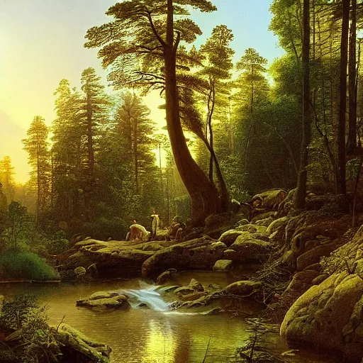 Image similar to a forest oasis, rock pools, harmony of nature, infinite dawn, angelic light, sparkling dew, by asher brown durand, by ivan shishkin,