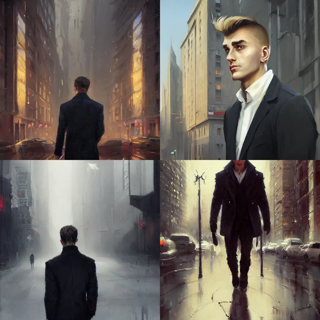 Prompt: masterpiece painting of a portrait of a clean shaven dark blonde Russian man, black jacket and short Hair in a modern city, featured in artstation, concept art by Greg Rutkowski, WLOP, Dan Mumford, Christophe Vacher