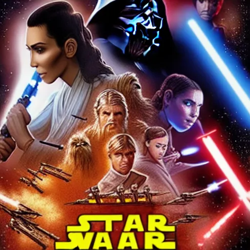 Image similar to super detailed star wars movie poster with Jesus Christ and kim kardashian, 8k full HD photo, cinematic lighting, anatomically correct, oscar award winning, action filled, correct eye placement,