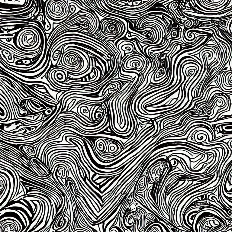 Image similar to a black and white drawing of many different things, an abstract drawing by nathaniel pousette - dart, featured on deviantart, psychedelic art, behance hd, repeating pattern, artwork