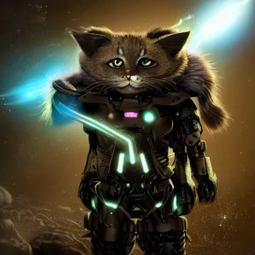 Image similar to humanoid with cat-like features in futuristic space armor with force fields, yellow eyes, teeth that protrude past the lower lip and fine grayish fur on their faces and backs of their hands and carrying weapons, octane,