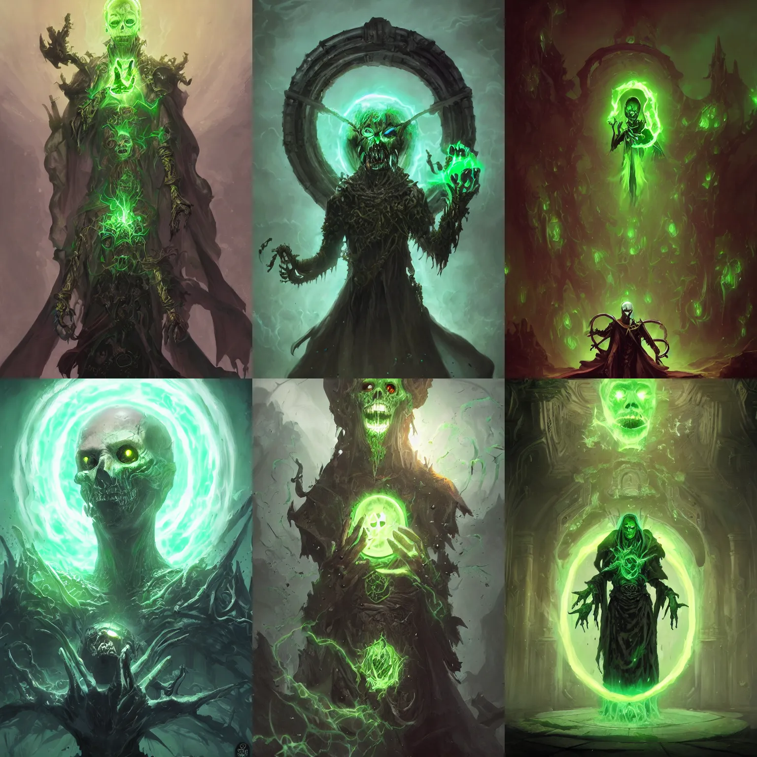 Prompt: portrait of the undead lich god Vecna one eye glowing green, levitating in front of a magic portal to another world D&D, by Greg rutkowski, Craig Mullins, WOTC, trending on ArtStation