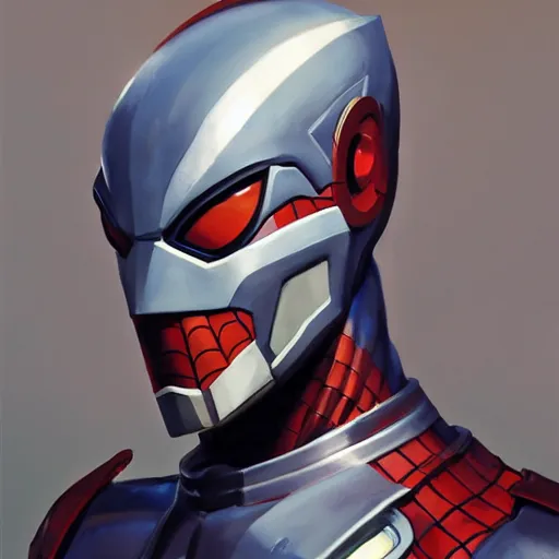 Image similar to greg manchess portrait painting of armored spiderman ultraman grey fox from metal gear cyborg gay japanese - american hybrid as overwatch character, medium shot, asymmetrical, profile picture, organic painting, sunny day, matte painting, bold shapes, hard edges, street art, trending on artstation, by huang guangjian and ail elvgren and sachin teng