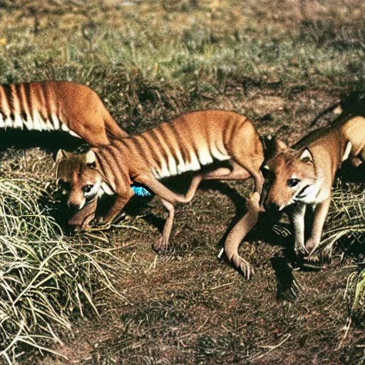 Prompt: a herd of tasmanian tigers thylacine