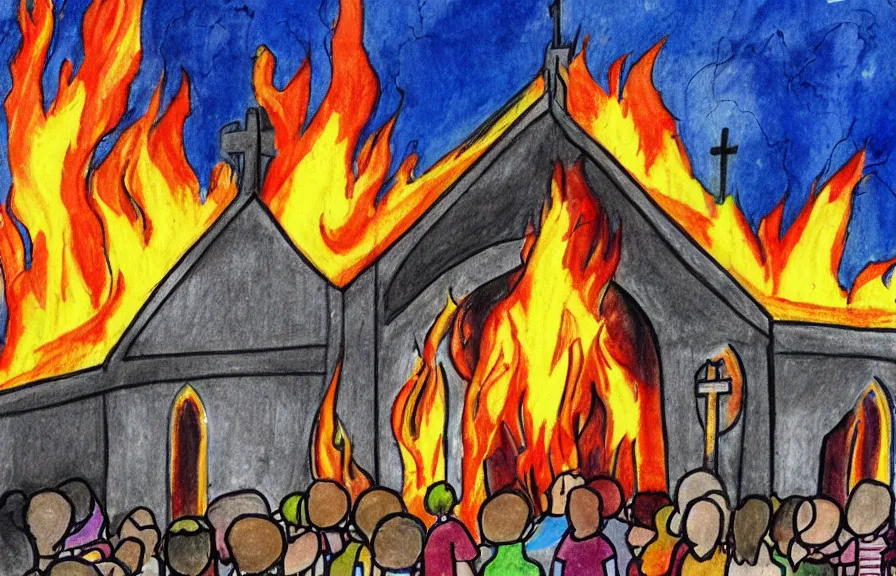 Image similar to church on fire, children drawing