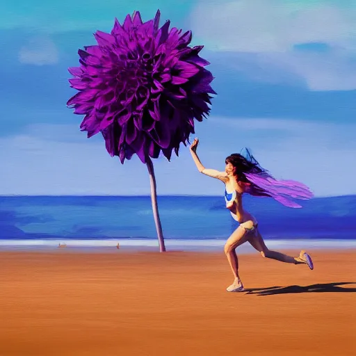 Image similar to portrait, giant purple dahlia flower head, woman running at the beach, surreal photography, sunrise, blue sky, dramatic light, impressionist painting, digital painting, artstation, simon stalenhag