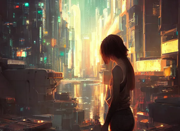 Image similar to girl staring at a meteorite hitting a floating cyberpunk city at night by wlop, key visual, high detail, digital art