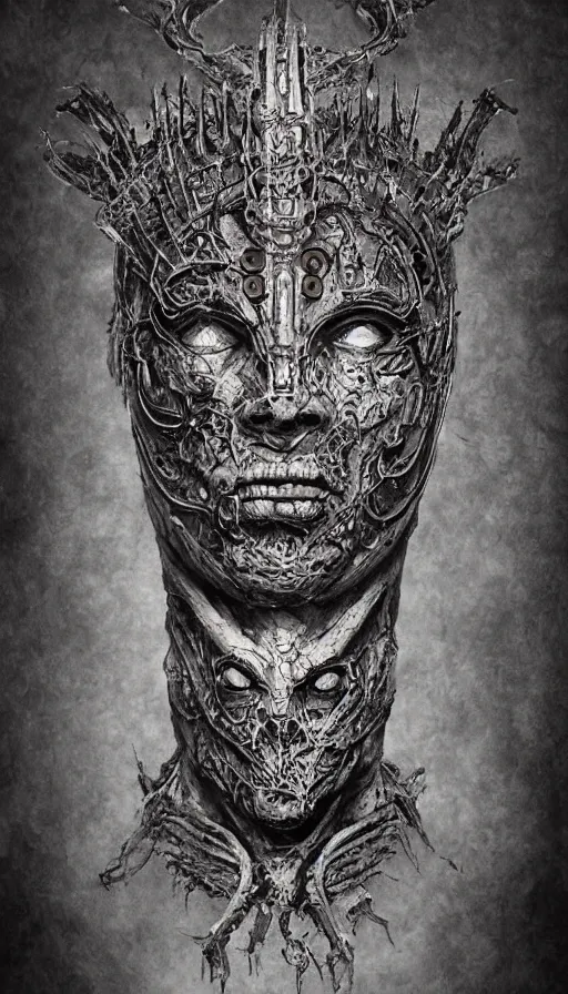 Image similar to ancient biomechanoid hybrid slavic multifaced god armored head fantasy beautiful human witch face mask tattoo pattern concept, glagolitic glyph, intricate artwork by, Johnatan Wayshak, Zdizslaw Beksinski, Artgerm, H.R. Giger, very coherent artwork, cinematic, hyper realism, high detail, octane render, unreal engine, 8k, High contrast, higly detailed black ink outline, crosshatch sketch gradient