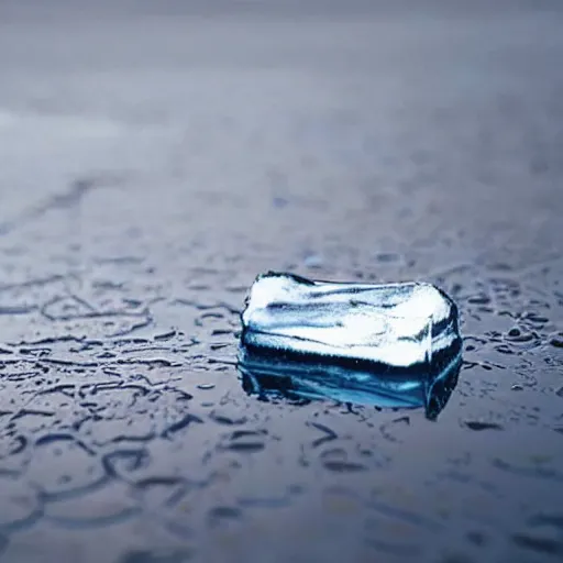 Image similar to ice cube melting in puddle, hyperrealistic