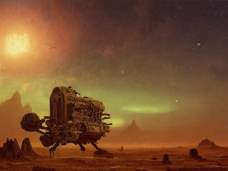 Image similar to an oil painting of an ancient dieselpunk spacecraft in the middle of an alien desert at dusk, aurora and stars light up the sky by beksinski carl spitzweg and tuomas korpi. baroque elements, full-length view. baroque element. intricate artwork by caravaggio. Trending on artstation. 8k