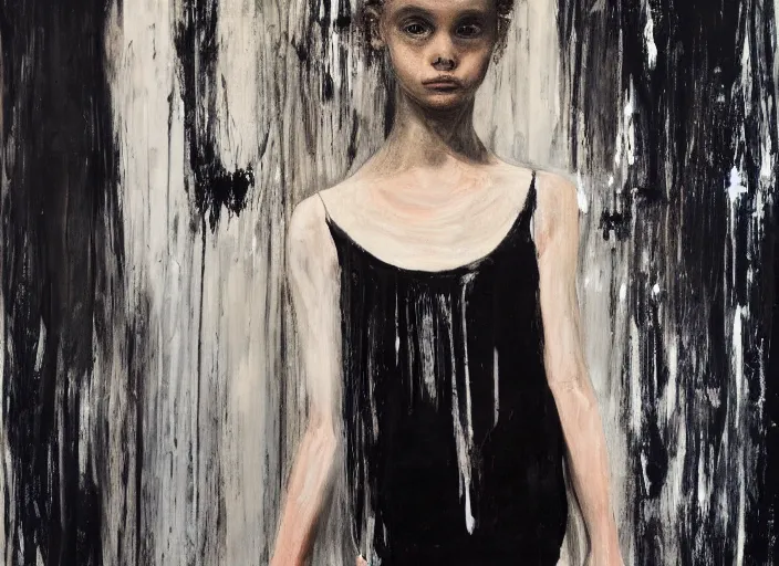 Prompt: young ballerina training in a big dark room, painted in style of marlene dumas, pat steir, oil painting, dripping paint, intricate details, psychologic, melancholic, symmetrical face, hyper detailed