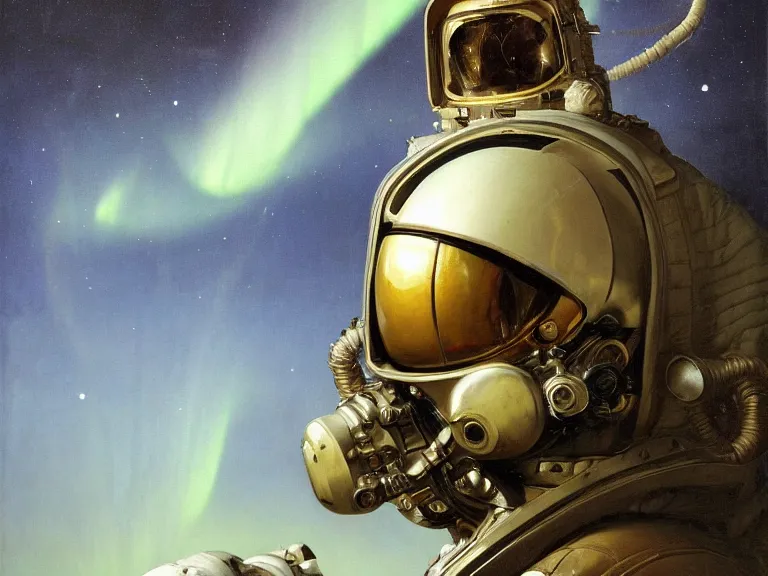 Image similar to a detailed profile oil painting of an explorer in a spacesuit with reflective helmet, flight suit, portrait symmetrical and science fiction theme with aurora lighting clouds and stars by beksinski carl spitzweg and tuomas korpi. baroque elements, full-length view. baroque element. intricate artwork by caravaggio. Trending on artstation. 8k