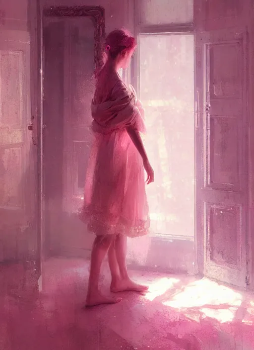 Image similar to portrait of a beautiful girl in her bedroom, shades of pink, beautiful face, rule of thirds, intricate outfit, spotlight, by greg rutkowski, by jeremy mann, digital painting