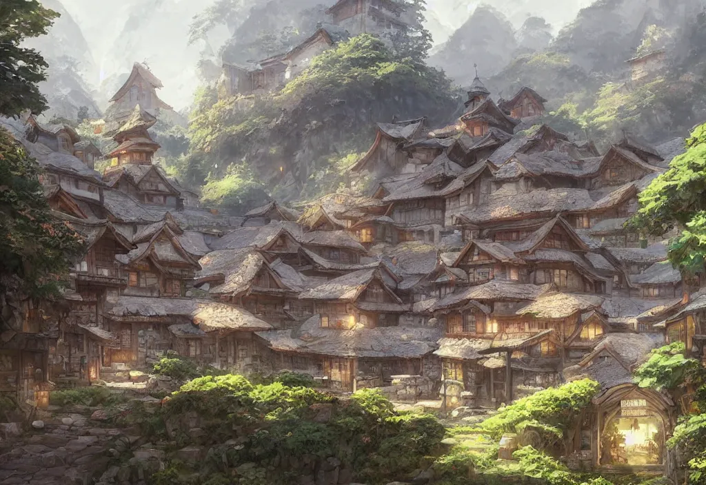 Prompt: concept art painting of a cozy village in a mountainous fantasy forested valley, historic european and japanese architecture, realistic, detailed, cel shaded, in the style of makoto shinkai and greg rutkowski and james gurney