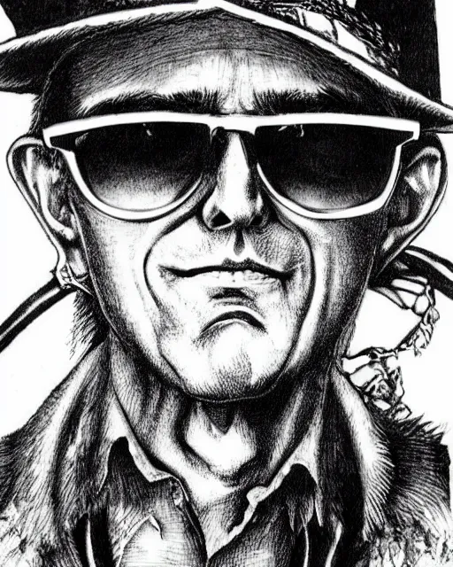 Image similar to Hunter S Thompson drawn by Kentaro Miura, extremely high detail, manga