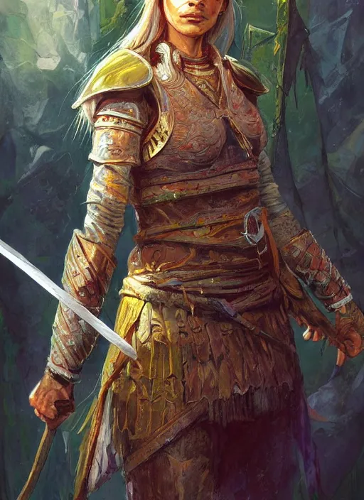 Prompt: highly detailed painting of a cleric warrior woman by jon foster, high fantasy, tropical colors trending on artstation