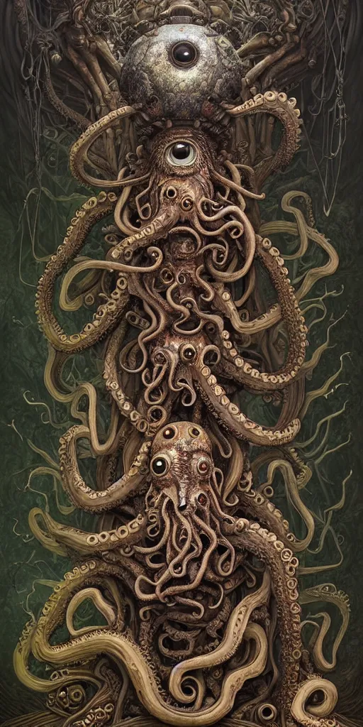 Image similar to biomechanical creature with big octopus head and (glowing) eyes guarding an ancient chest in a mystic forest, gothic and baroque, brutalist architecture, ultradetailed, Intricate by Ellen Jewett and Josan Gonzalez and Giuseppe Arcimboldo