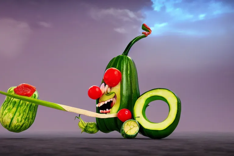 Image similar to detailed 3 d render of a mad zucchini with a bloody sword in his hand, running down a winded road chasing after a group of scared tomatoes, hyper realistic octane render, dramatic lighting, high speed chase, wide angle, nightmare, surrealism, pixar, disney, cartoon