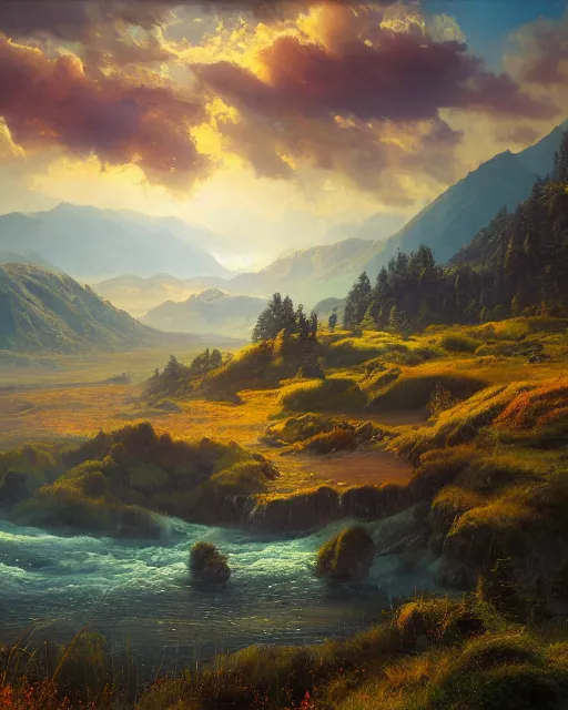 Prompt: A real photographic landscape painting with incomparable reality . Overlooking the mountains and rivers , lakes , clouds and sunshine ,burning clouds , Colorful world ,fairy tale , light effect , Dream , Dindar light , Greg Rutkowski , unreal engine , Super realistic painting style ,UE4,4k, UHD , super wide ,wlop ,artstation.