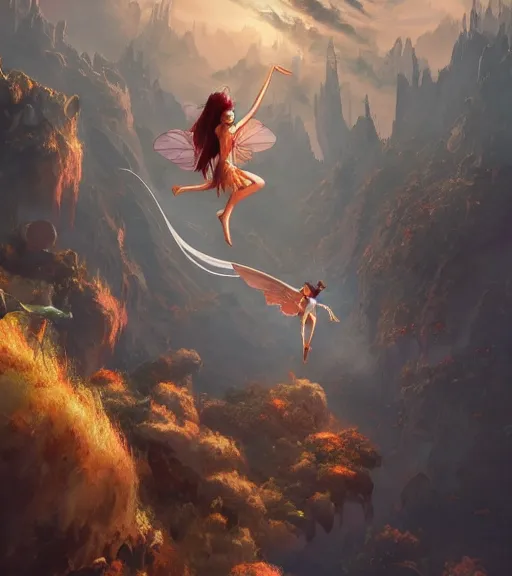 Prompt: fairy full body flying high to the sky, highly detailed, trending on Artstation, Unreal Engine 4k, cinematic wallpaper by Stanley Artgerm Lau, WLOP, Rossdraws, James Jean, Andrei Riabovitchev, Marc Simonetti, and Sakimichan