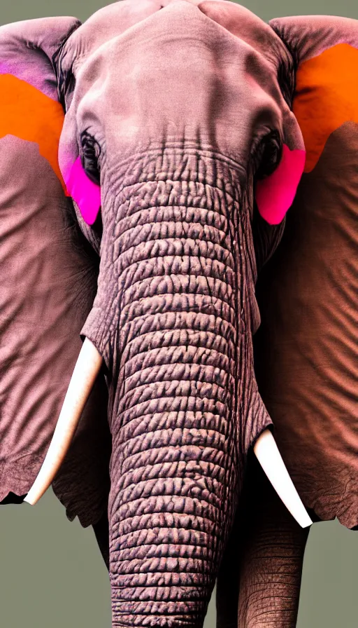 Image similar to A photo of an elephant with pink skin and a piercing in his trunk and his ears, wearing a orange green mohawk and a leather jacket on which a mouse is printed. photograph of a pink elephant, film still, insane detail, Hyperrealism, intricate, highly detailed, Zeiss Lens, DSLR photography, smooth, sharp focus, Unreal Engine 5, Octane Render, Redshift, 8K