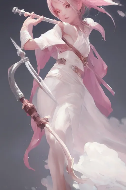 Image similar to 3 / 4 portrait of a cute white mage with a staff, soft, pink, artgerm and and greg rutkowski, trending on artstation