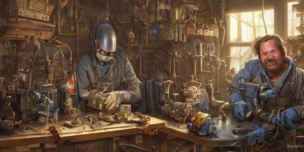 Image similar to highly detailed portrait painting of welder and angelina joile posing, mono eye window, workbench, symmetrical perfect eyes, by eddie mendoza and tyler edlin, 8 k resolution