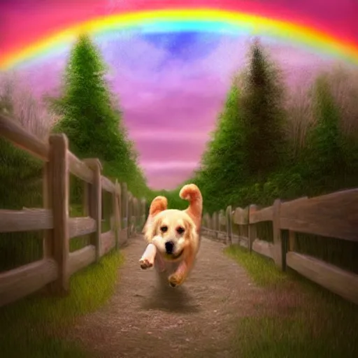 Image similar to a singular beautiful dog running happily towards its owner, ethereal heavenly rainbow bridge in the background behind the dog, tall golden heavenly gates, amazing, stunning artwork, featured on artstation, cgosciety, behance