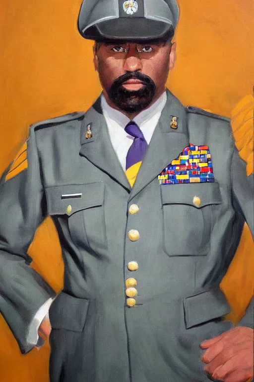 Image similar to full body portrait of the dictator of the los angeles lakers, 1 9 5 5, in full military garb, oil on canvas by william sidney mount, trending on artstation