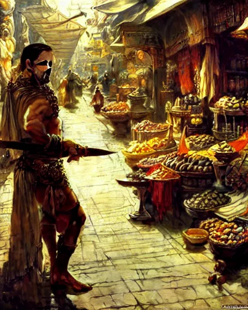 Prompt: fantasy concept art by anders zorn and craig mullins depicting colin farrell as an ancient egyptian rogue running through a busy oriental market