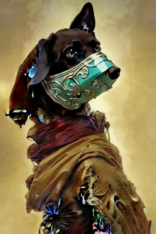 Image similar to Dog wearing mask by greg rutkowski and alphonse mucha