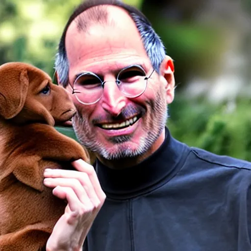 Image similar to Steve Jobs lovingly playing with a brown puppy, highly detailed, hyper realistic