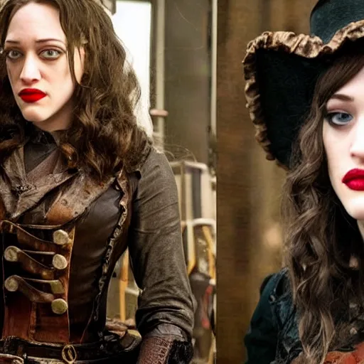 Image similar to long shot photo of kat dennings as a steampunk rogue