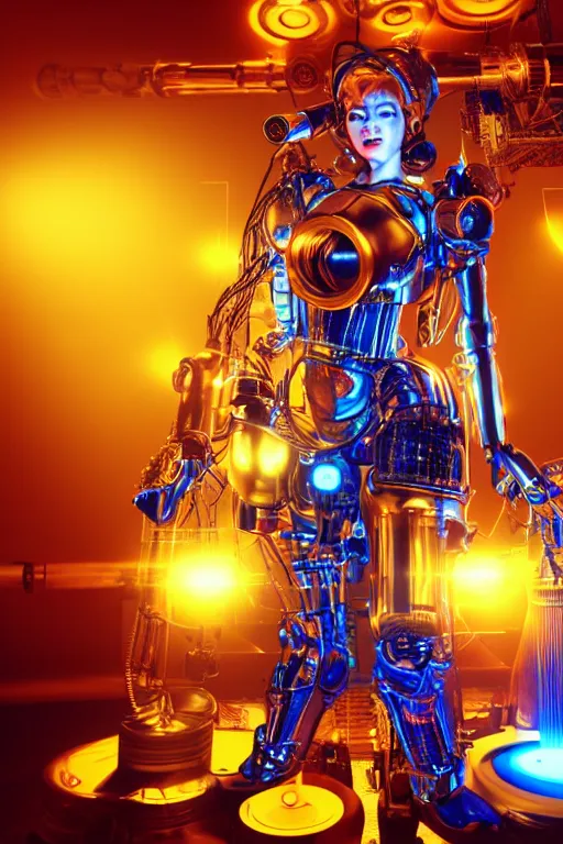 Image similar to portrait photo of a giant huge golden and blue metal humanoid steampunk cyborg female singer with gears and tubes, in the foreground is a big red glowing microphone, eyes are glowing red lightbulbs, shiny crisp finish, 3 d render, 8 k, insaneley detailed, fluorescent colors, background is multicolored lasershow