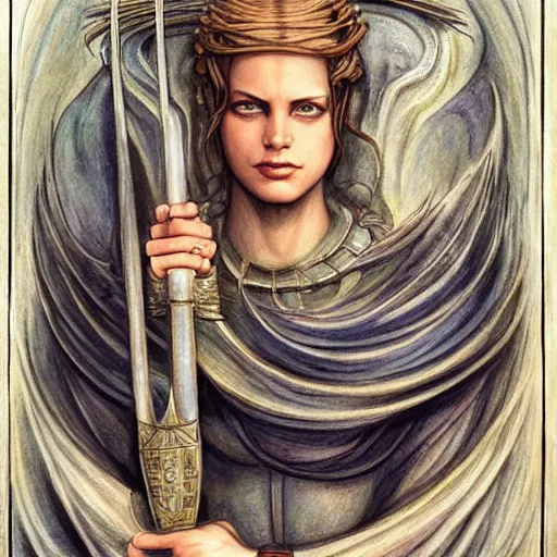 Image similar to most beautiful jeanne d'arc in the style of william blake, terese nielsen, detailed, intricate, beautiful faces, steve argyle, epic, mesmerizing, triumphant fate, pastoral fantastic reality