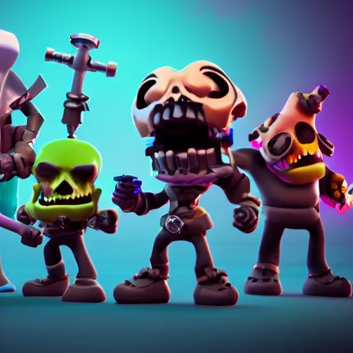 Prompt: 💀💎, clash royal style characters, unreal engine 5, octane render, detailed, brawl stars, cinematografic, cinema 4 d, artstation trending