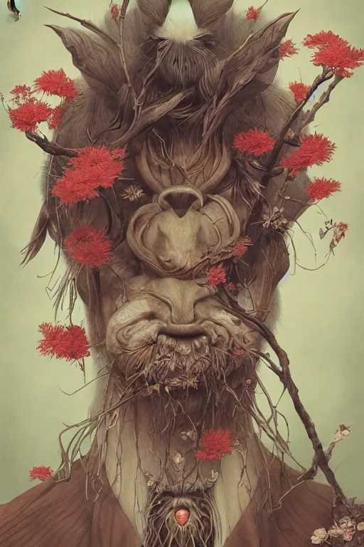 Image similar to a portrait of a plant japanese devil animal illustrated by miyazaki by karol bak, james jean, tom bagshaw, rococo, sharp focus, trending on artstation, cinematic lighting, hyper realism, octane render, 8 k, hyper detailed, vivid, ultra detailed, highly detailed