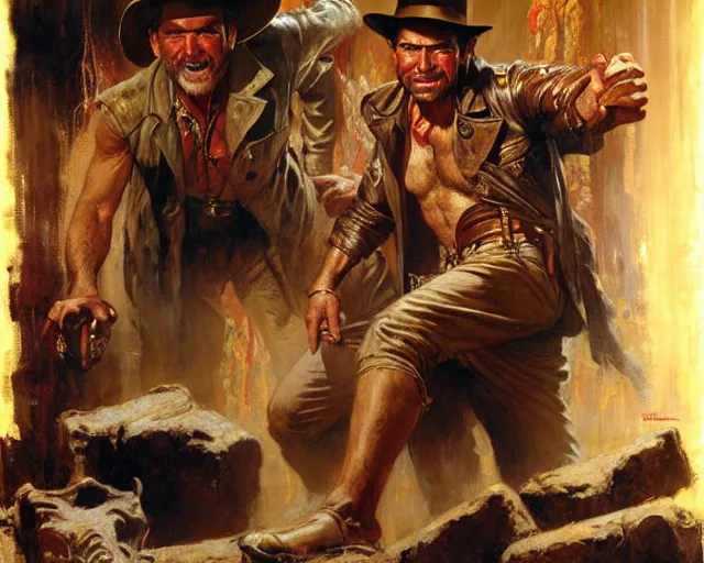 Image similar to indiana jones and the temple of doom, painting by gaston bussiere, craig mullins, j. c. leyendecker, tom of finland