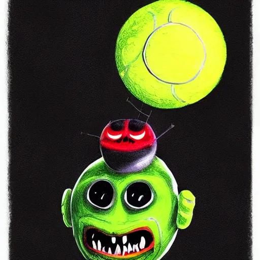 Prompt: a tennis ball monster, tennis ball, dark, chalky, flying bat tennis balls, dracula, digital art, fantasy, magic, trending on artstation, ultra detailed, professional illustration by Basil Gogos