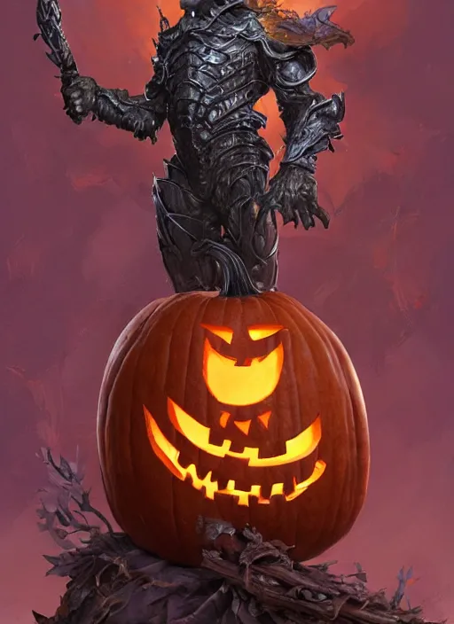 Image similar to powerful male pumpkin, willem dafoe as pumpkinhead, oz, full body character concept, covered in full metal armor, art nouveau, super powers, fantasy, intricate, elegant, highly detailed, digital painting, artstation, concept art, shining, sharp focus, illustration, art by stanley lau