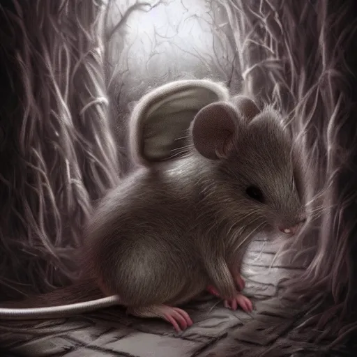 Image similar to real fluffal mouse inside scary nightmare atmosphere, horror, detailed realsitic