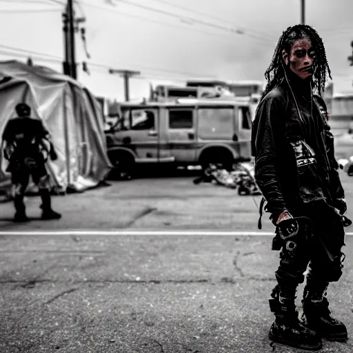 Image similar to Candid extreme wide shot of a poor techwear mixed woman with tattoos outside of a futuristic Los Angeles on fire, homeless tents on the side of the road, military police, cyberpunk, 4k, extreme long shot, desaturated, full shot, action shot, motion blur, sigma 85mm f/1.4, high resolution, 4k, 8k, hd, full color, important moment in history, award winning photography