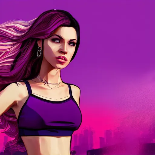 Image similar to a stunning GTA V loading screen with a beautiful woman with ombre hairstyle in purple and pink blowing in the wind, city streets, golden ratio, digital art, trending on artstation