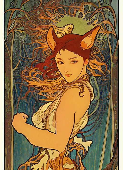 Image similar to spirit of the fox dragon in fiery tale forest in artnouve style by alphonse mucha hiroshi yoshida. artstation trending