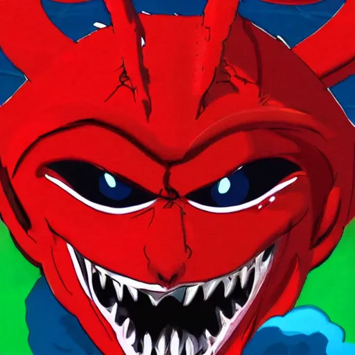 Prompt: big red dragon face on a zoom call. akira style photo