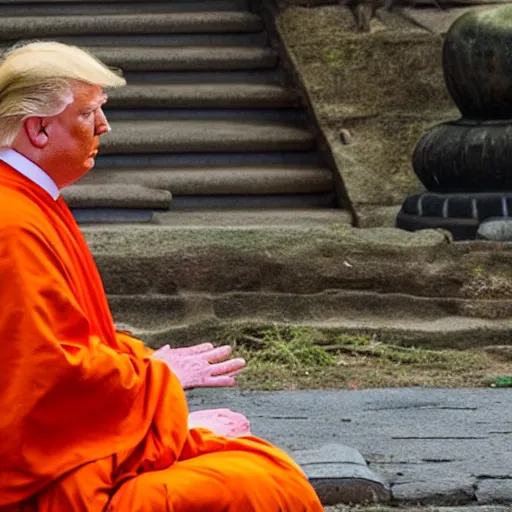 Prompt: donald trump!!!!!, dressed in orange monk's robes, quietly meditating in a buddhist temple