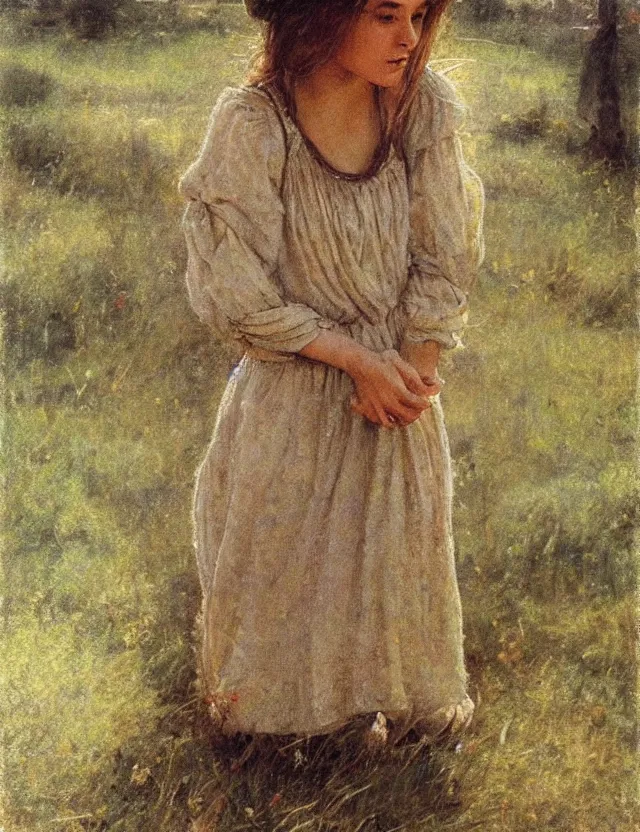 Image similar to peasant girl draw on a canvas, cottage core, cinematic focus, polaroid photo bleached vintage pastel colors high - key lighting, soft lights, foggy, by steve hanks, by lisa yuskavage, by serov valentin, by tarkovsky, detailed, oil on canvas