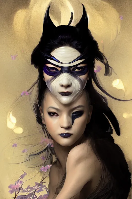 Image similar to beautiful mystery and gorgerous and black magic and stunning female ninja with face mask portrait+smoky eyes+light flowing hair, in mudra and firefly night ruin tokyo temple, ultradetail face, art and illustration by tian zi and craig mullins and WLOP and alphonse mucha, dynamic light, ssci-fi, fantasy, intricate complexity, fantasy world concept, watermark, blurry, hyperrealism 8k