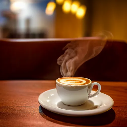 Image similar to realistic detailed photo of a steaming cup of coffee on a saucer with a flaky pastry on the side and a coffee spoon next to it on the table in a hotel lobby, liminal, hdr, volumetric lighting, dim light, diffuse light, depth of field