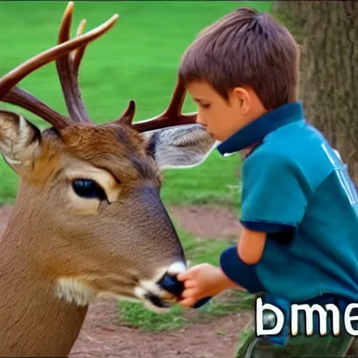 Image similar to a deer being pet by a little boy, cinematic scene